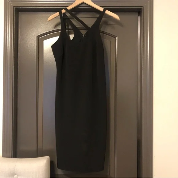 Halston Heritage | Dresses | Halston Heritage Little Black Midi Dress With  Asymmetrical Neckline And Cutouts | Poshmark
